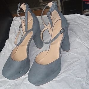 JF ladies, slate blue, ankle straps, block heel, size 9